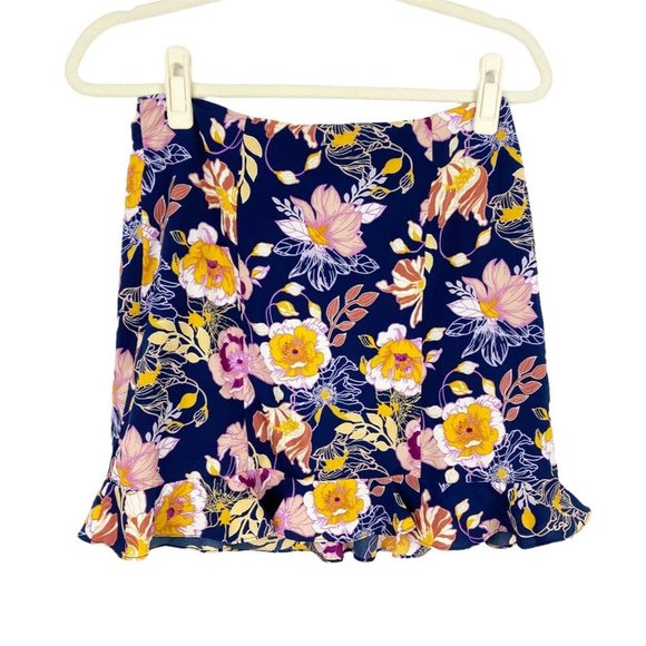 Lulus Aura Floral Ruffle Hem Satin Mini Skirt Navy Blue Womens Size Small - Picture 1 of 6